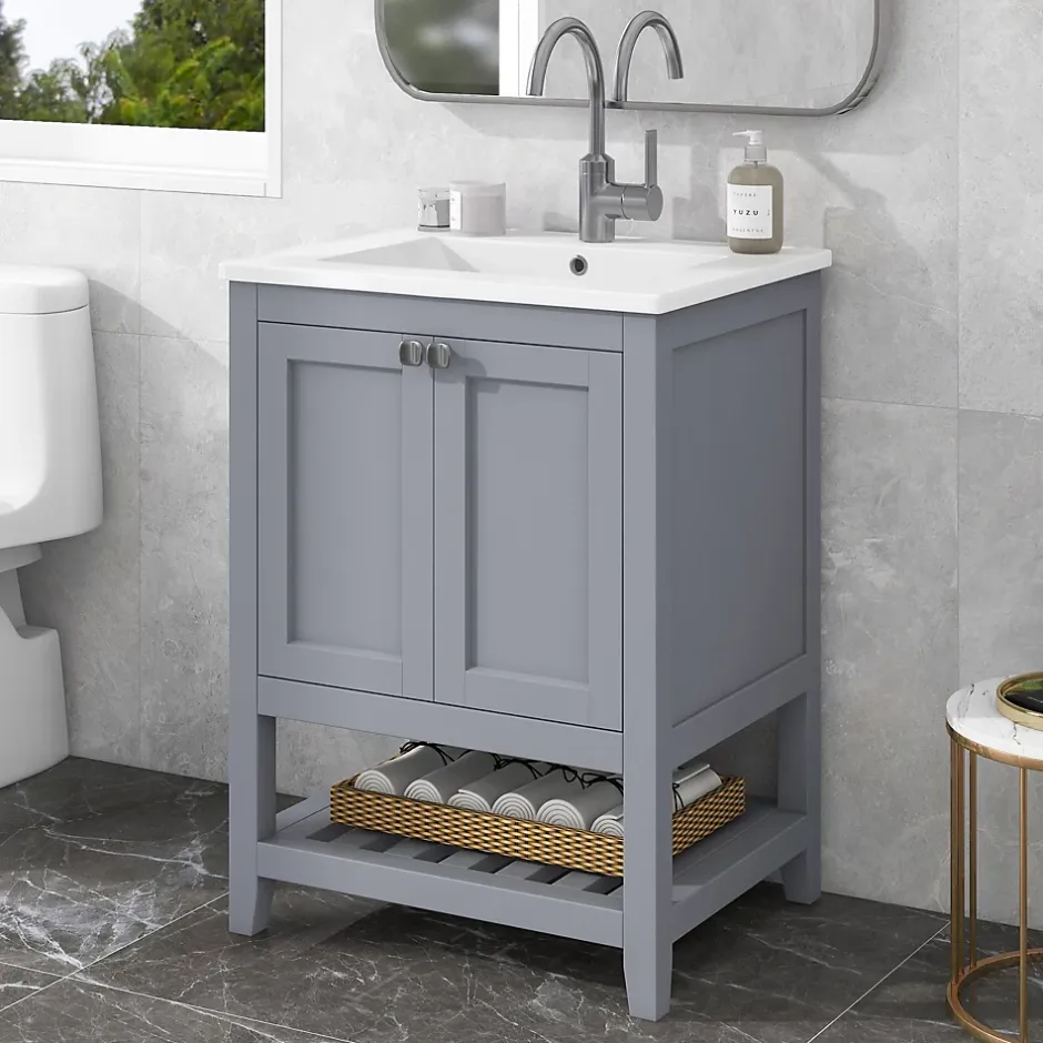 Okwish Meuble Lavabo avec Vasque Céramique - Meuble Sous-Vasque Moderne avec Espace de Rangement, Bois de Pin et MDF, 61x46x90 cm - Gris* Meuble Vasque