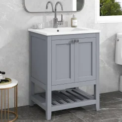 Okwish Meuble Lavabo avec Vasque Céramique - Meuble Sous-Vasque Moderne avec Espace de Rangement, Bois de Pin et MDF, 61x46x90 cm - Gris* Meuble Vasque