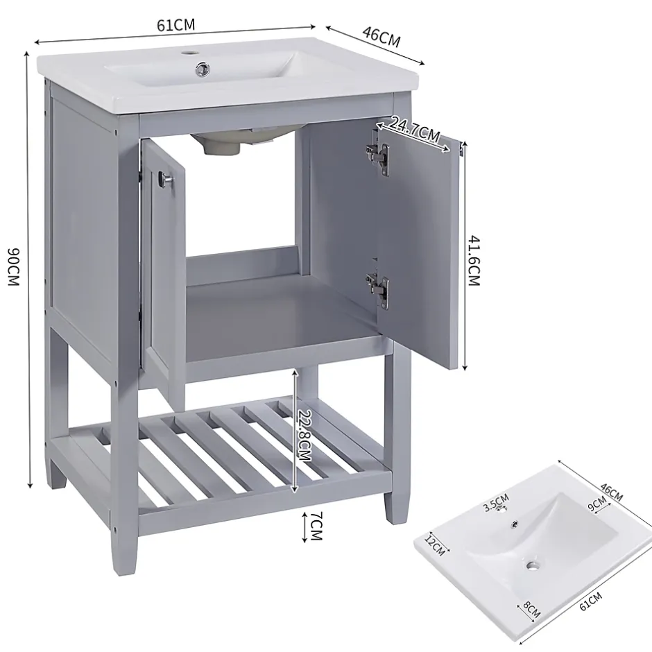 Okwish Meuble Lavabo avec Vasque Céramique - Meuble Sous-Vasque Moderne avec Espace de Rangement, Bois de Pin et MDF, 61x46x90 cm - Gris* Meuble Vasque