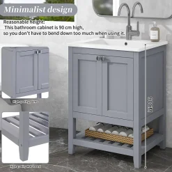 Okwish Meuble Lavabo avec Vasque Céramique - Meuble Sous-Vasque Moderne avec Espace de Rangement, Bois de Pin et MDF, 61x46x90 cm - Gris* Meuble Vasque
