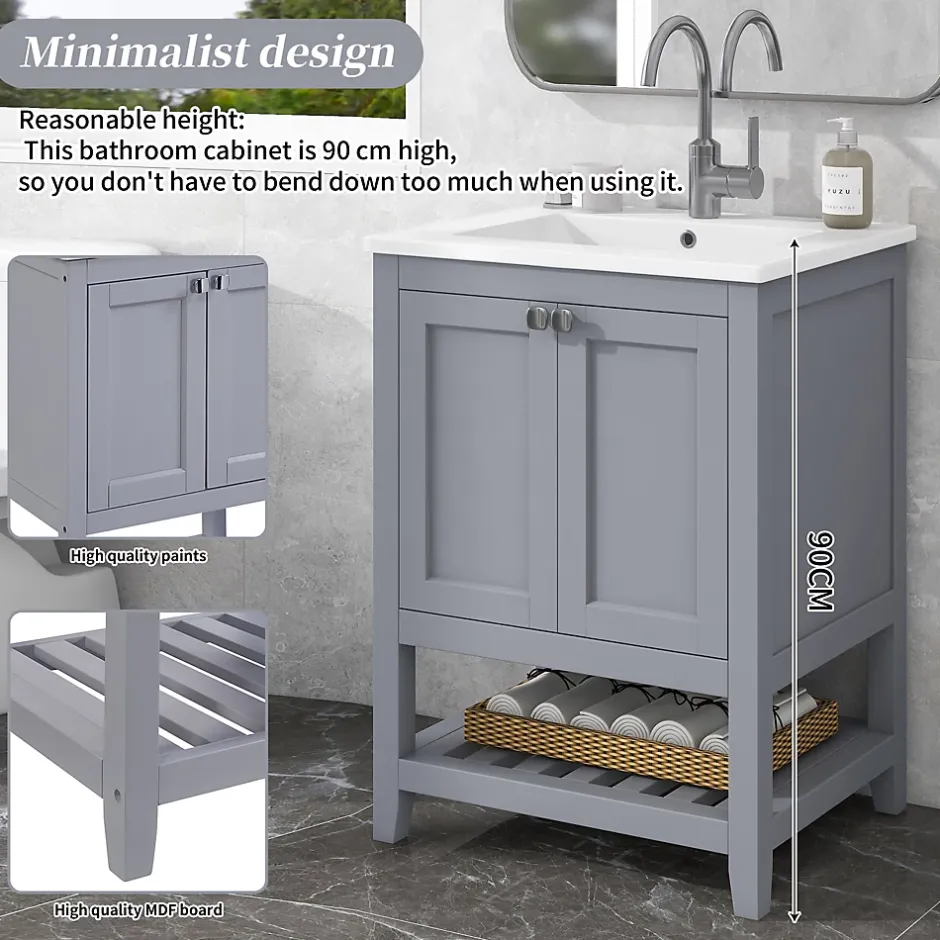 Okwish Meuble Lavabo avec Vasque Céramique - Meuble Sous-Vasque Moderne avec Espace de Rangement, Bois de Pin et MDF, 61x46x90 cm - Gris* Meuble Vasque