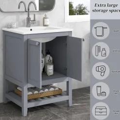 Okwish Meuble Lavabo avec Vasque Céramique - Meuble Sous-Vasque Moderne avec Espace de Rangement, Bois de Pin et MDF, 61x46x90 cm - Gris* Meuble Vasque