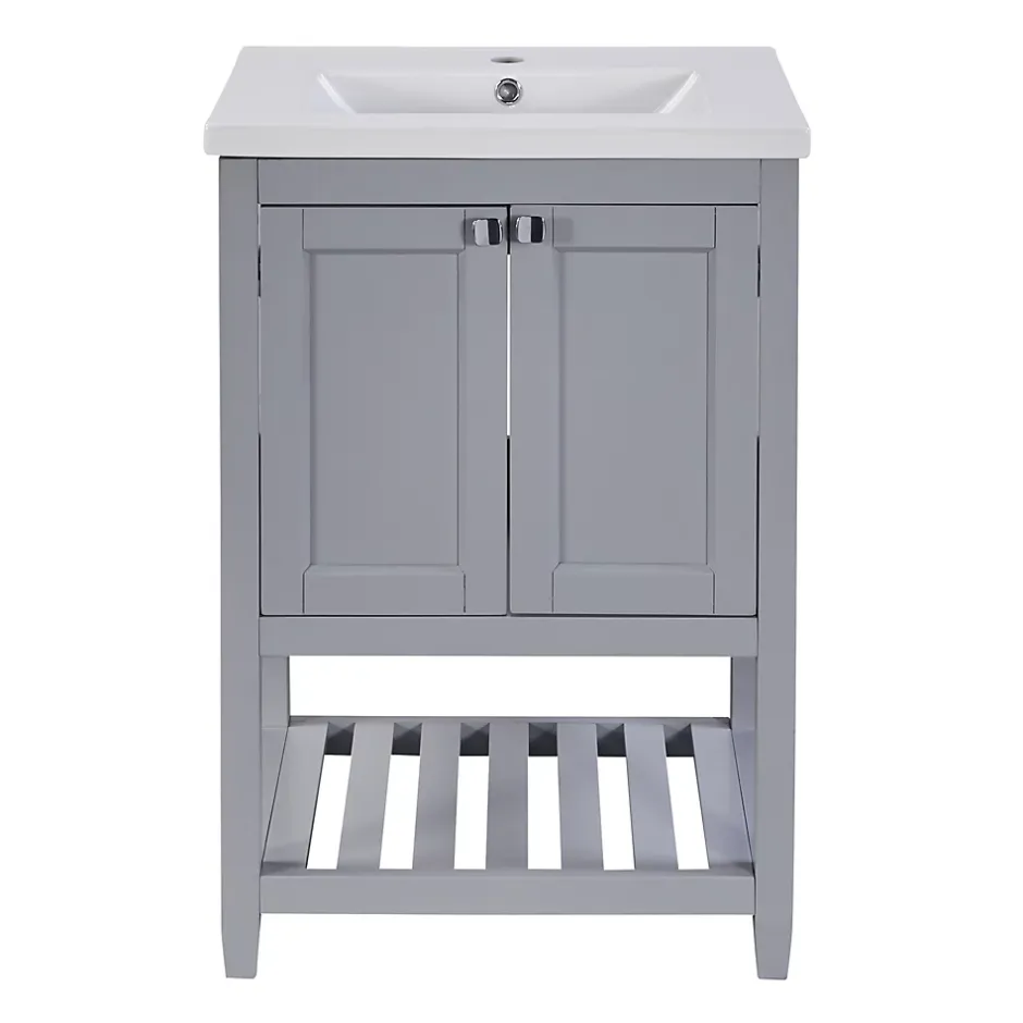 Okwish Meuble Lavabo avec Vasque Céramique - Meuble Sous-Vasque Moderne avec Espace de Rangement, Bois de Pin et MDF, 61x46x90 cm - Gris* Meuble Vasque