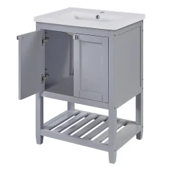 Okwish Meuble Lavabo avec Vasque Céramique - Meuble Sous-Vasque Moderne avec Espace de Rangement, Bois de Pin et MDF, 61x46x90 cm - Gris* Meuble Vasque