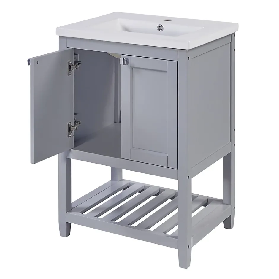 Okwish Meuble Lavabo avec Vasque Céramique - Meuble Sous-Vasque Moderne avec Espace de Rangement, Bois de Pin et MDF, 61x46x90 cm - Gris* Meuble Vasque