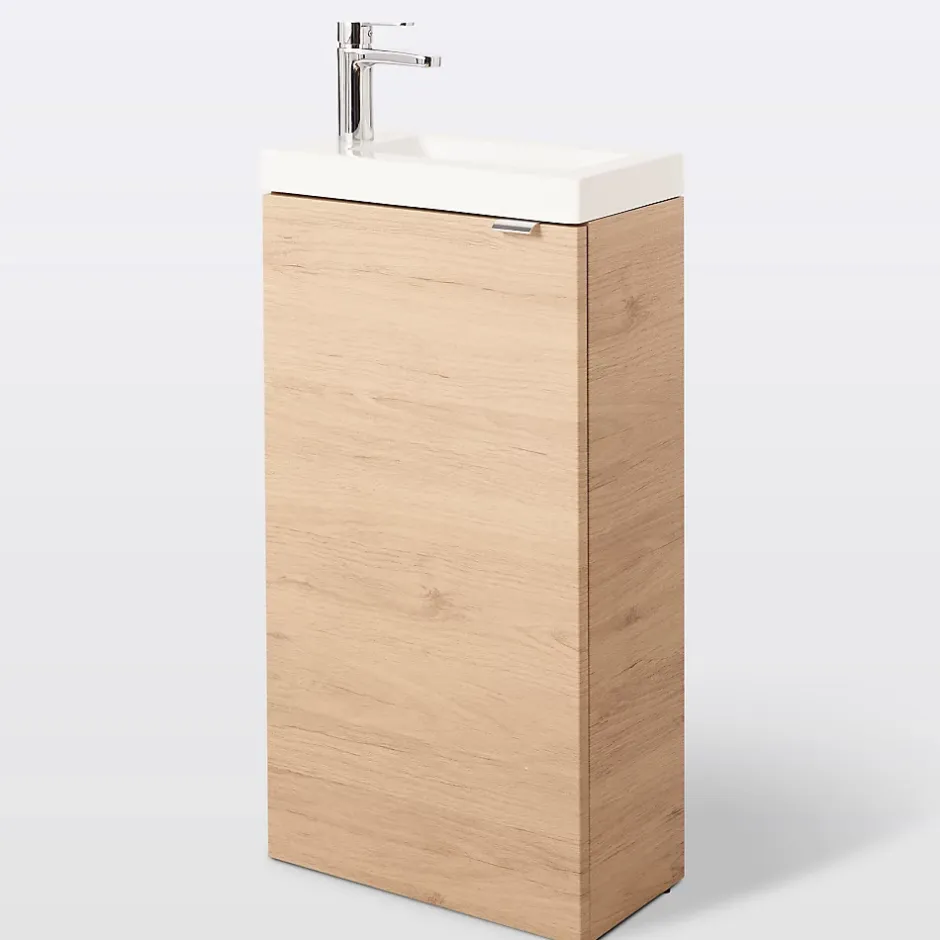 GoodHome Meuble lave mains à poser effet chêne l.44 cm Imandra + plan vasque blanc résine Beni,