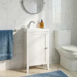 GoodHome Meuble lave mains à poser blanc mat l.44 cm Perma + plan vasque blanc Lana,* Lave-Mains