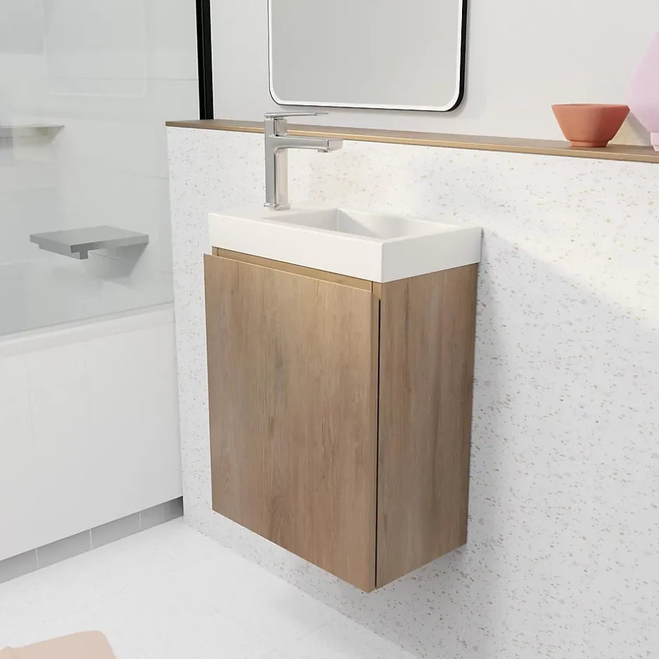 Aurlane Meuble Lave Mains Décor Bois 40x50x22 cm avec Vasque en SMC Blanche - ELEMENTARY* Lave-Mains