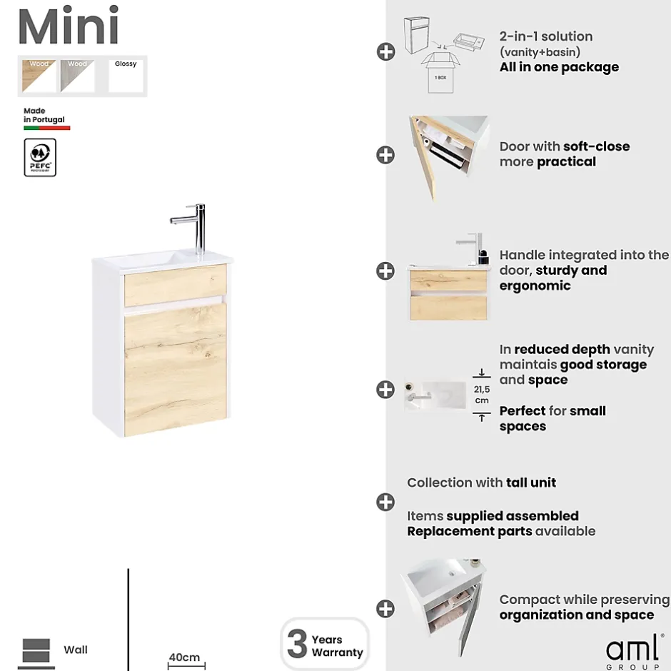 Aurlane Meuble Lave Mains MINI 40x50x22 cm - Gris et Blanc