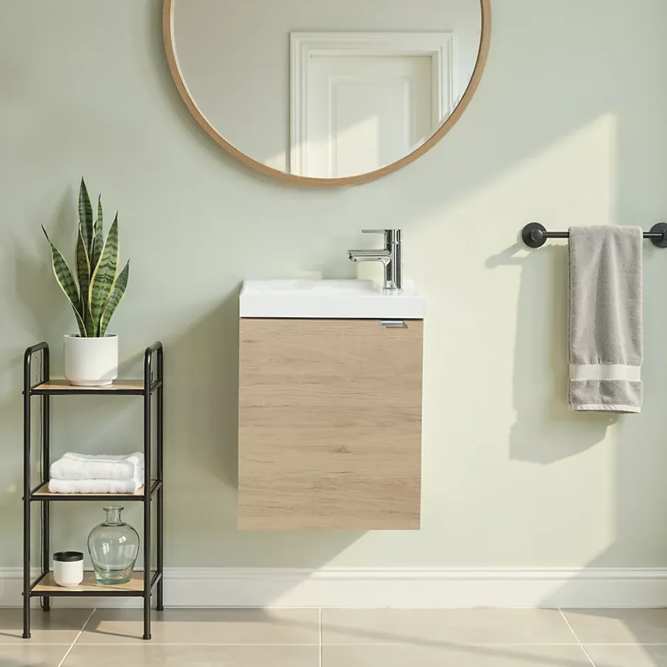 GoodHome Meuble lave mains suspendu effet chêne l.44 cm Imandra + plan vasque blanc résine Beni,