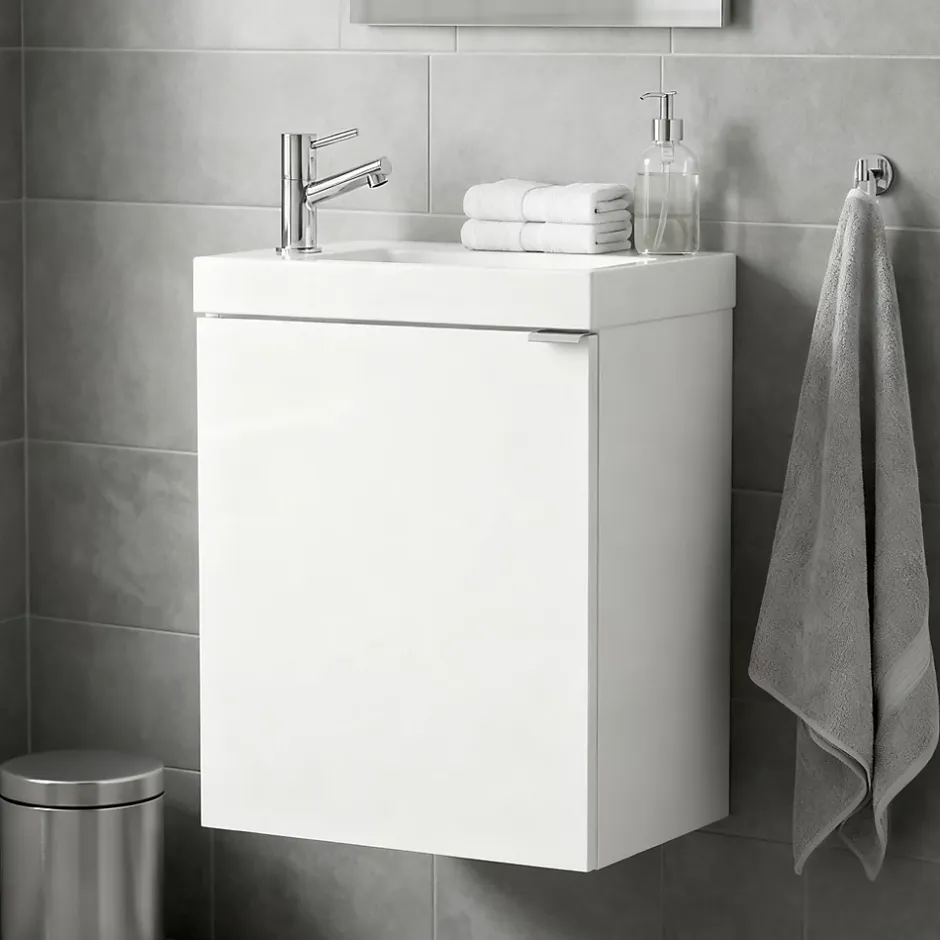 GoodHome Meuble lave mains suspendu blanc brillant l.44 cm Imandra + plan vasque blanc résine Beni,* Lave-Mains