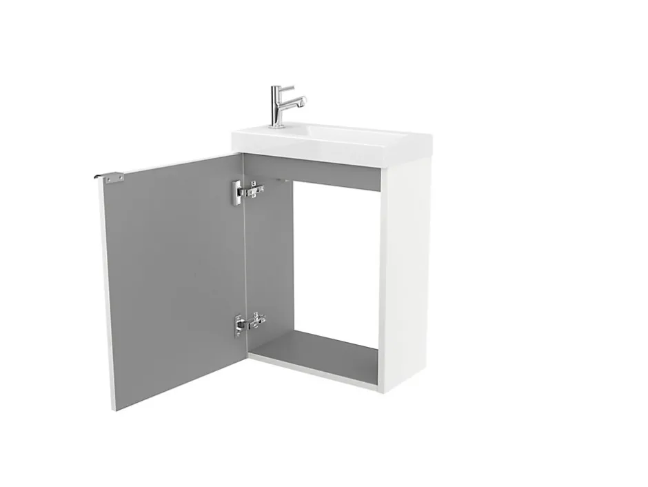 GoodHome Meuble lave mains suspendu blanc brillant l.44 cm Imandra + plan vasque blanc résine Beni,* Lave-Mains