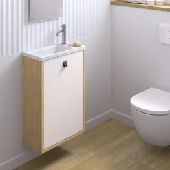Decotec Meuble lave mains suspendu blanc mat + plan vasque l.46 x H.69 x P.23 cm, ouverture à gauche, Havana