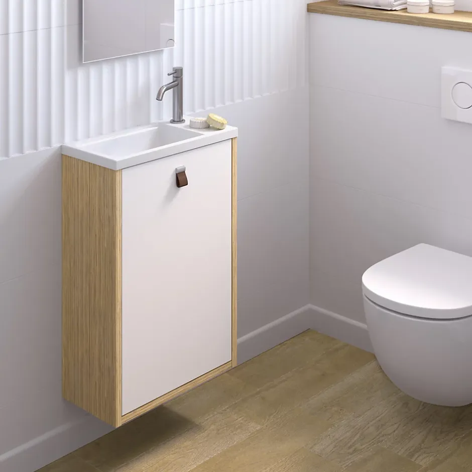 Decotec Meuble lave mains suspendu blanc mat + plan vasque l.46 x H.69 x P.23 cm, ouverture à droite, Havana* Lave-Mains