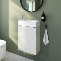 GoodHome Meuble lave mains suspendu blanc brillant l.44 x H.55 x P.23 cm, Imandra* Lave-Mains