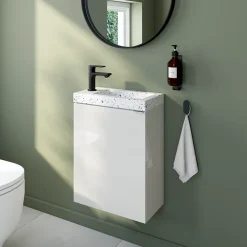 GoodHome Meuble lave mains suspendu blanc brillant l.44 x H.55 x P.23 cm, Imandra* Lave-Mains