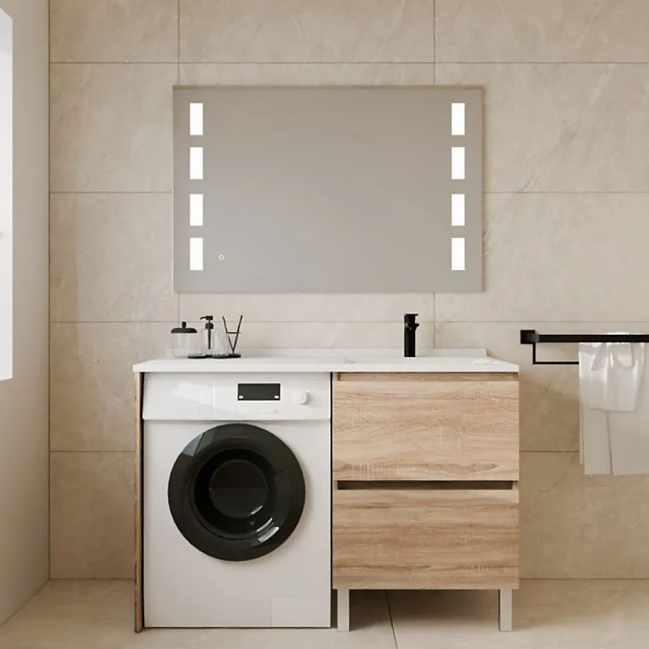Cuisibane Meuble lave-linge IDEA, plan vasque déportée + Miroir Prestige- Bois- Vasque à droite* Ensemble Meuble De Salle De Bains