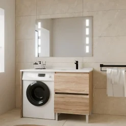 Cuisibane Meuble lave-linge IDEA, plan vasque déportée + Miroir Prestige- Bois- Vasque à droite* Ensemble Meuble De Salle De Bains