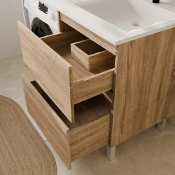 Cuisibane Meuble lave-linge IDEA, plan vasque déportée + Miroir Prestige- Bois- Vasque à droite* Ensemble Meuble De Salle De Bains