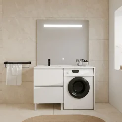 Cuisibane Meuble lave-linge IDEA, plan vasque déportée + Miroir Elégance h105- Blanc- Vasque à gauche* Ensemble Meuble De Salle De Bains