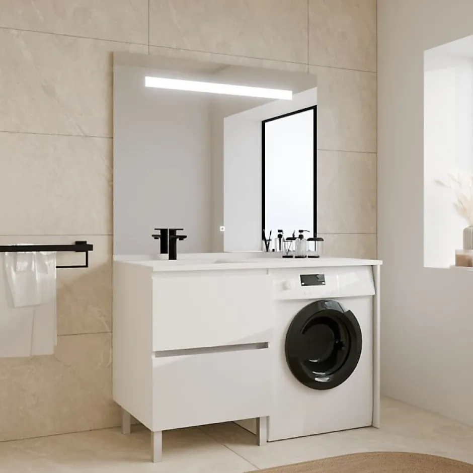 Cuisibane Meuble lave-linge IDEA, plan vasque déportée + Miroir Elégance h105- Blanc- Vasque à gauche* Ensemble Meuble De Salle De Bains