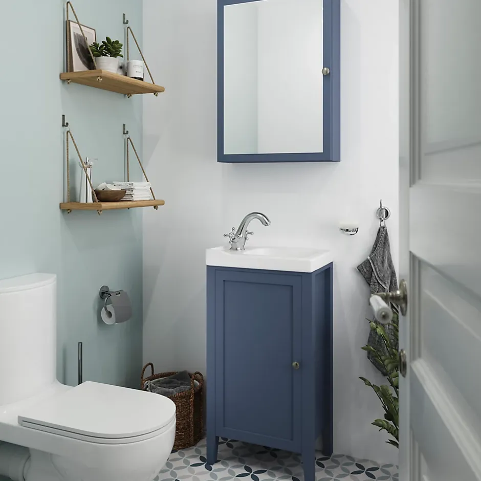 GoodHome Meuble lave-mains à poser 1 porte bleu mat l.44 x H.80 x P.30 cm, Perma* Lave-Mains