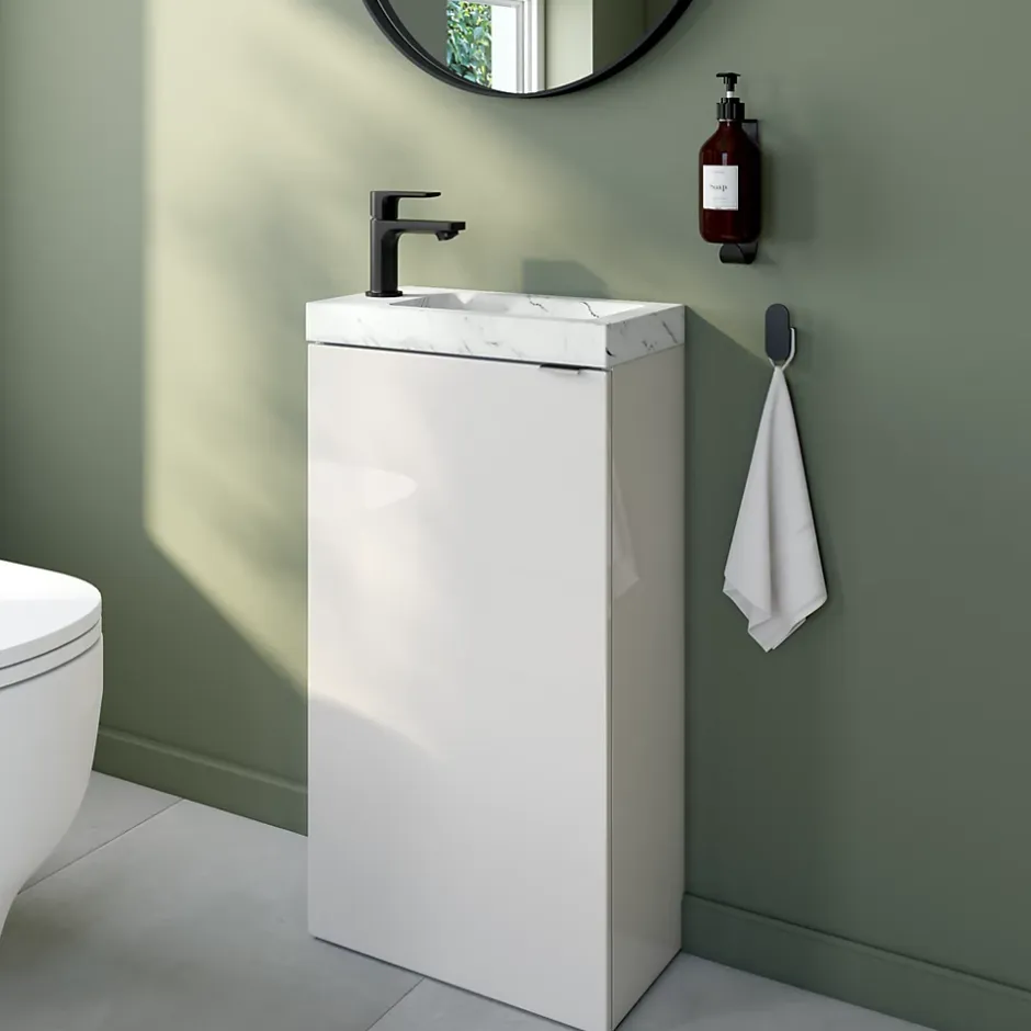 Meuble lave-mains à poser blanc brillant l.44 cm Imandra + plan vasque effet marbre blanc, GoodHome