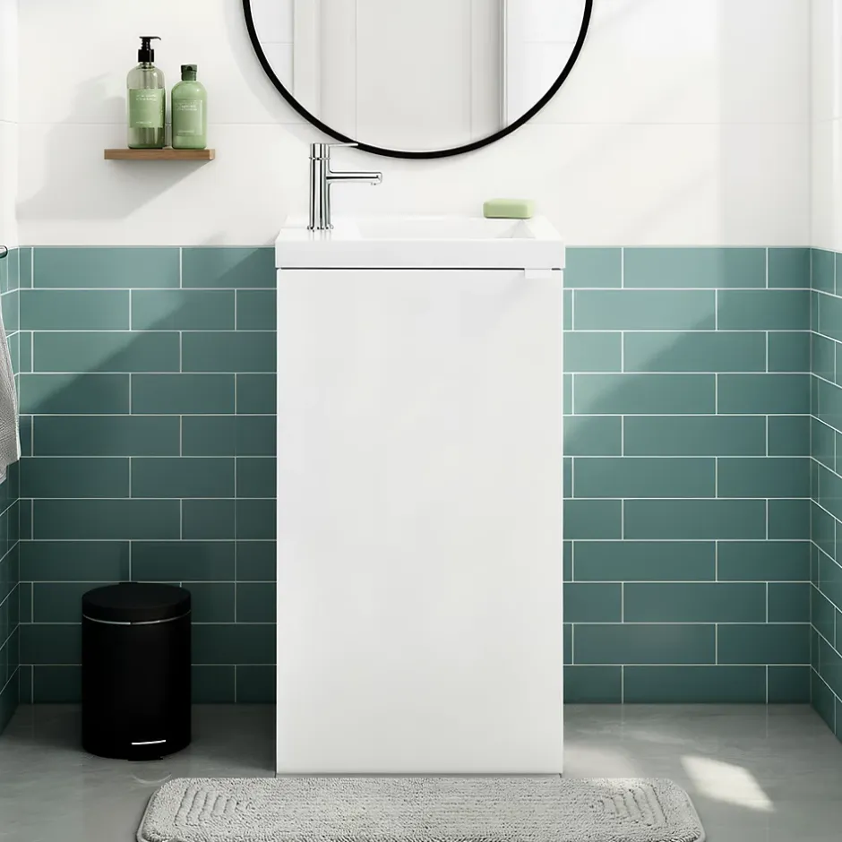 GoodHome Meuble lave-mains à poser blanc mat l.44 cm Imandra + plan vasque blanc résine Beni,* Lave-Mains|Meuble De Salle De Bains Faible Profondeur