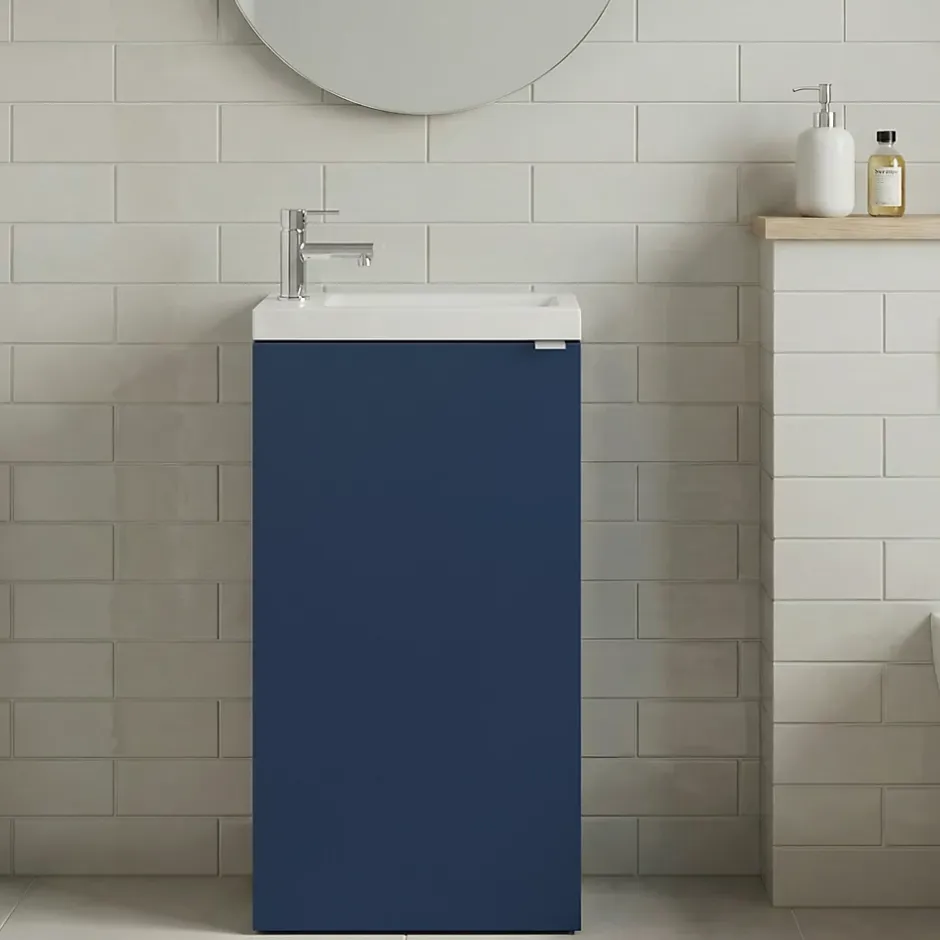 GoodHome Meuble lave-mains à poser bleu nuit mat l.44 cm Imandra + plan vasque blanc résine Beni,