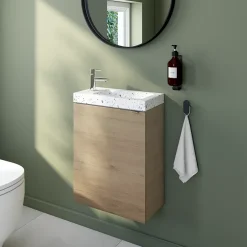 GoodHome Meuble lave-mains à poser effet chêne l.44 cm Imandra + plan vasque terrazzo,* Lave-Mains