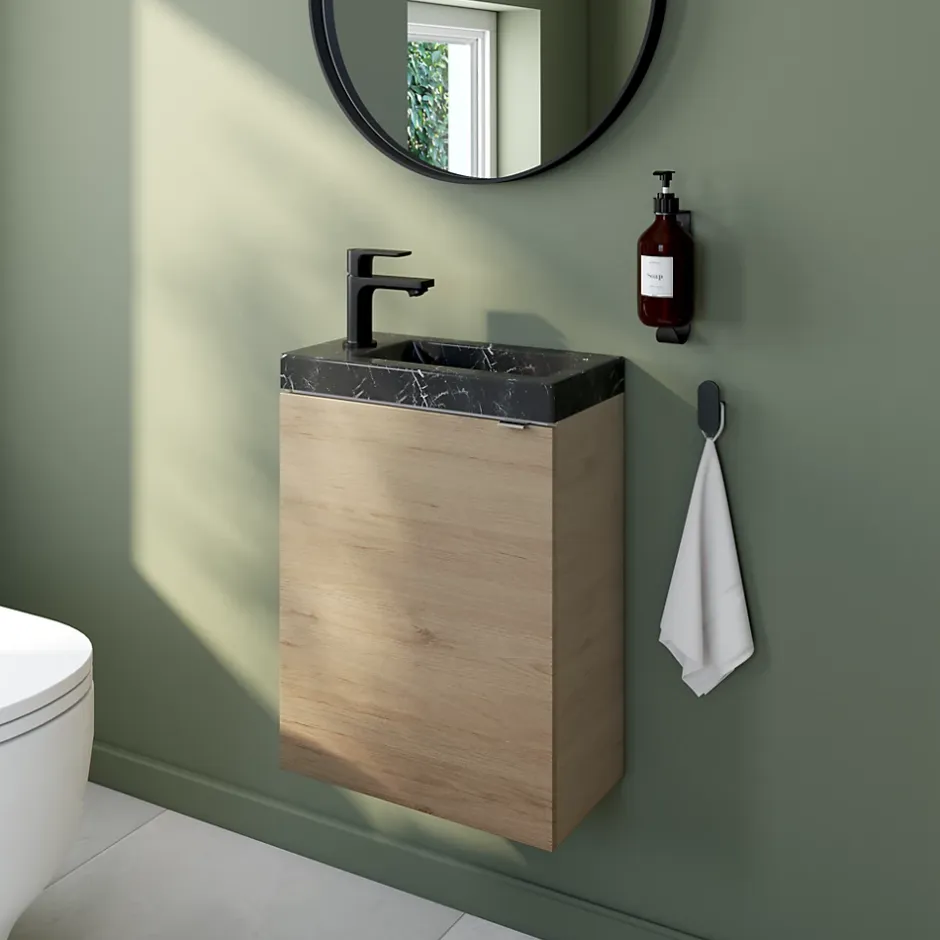 GoodHome Meuble lave-mains à poser effet chêne l.44 cm Imandra + plan vasque effet marbre noir,* Lave-Mains