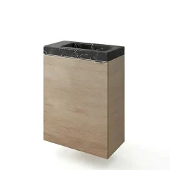 GoodHome Meuble lave-mains à poser effet chêne l.44 cm Imandra + plan vasque effet marbre noir,* Lave-Mains