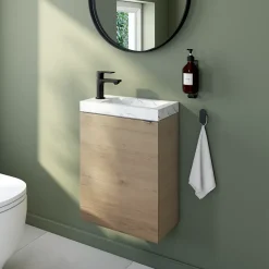 GoodHome Meuble lave-mains à poser effet chêne l.44 cm Imandra + plan vasque effet marbre blanc,* Lave-Mains