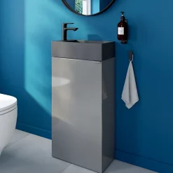GoodHome Meuble lave-mains à poser gris brillant l.44 cm Imandra + plan vasque béton gris,* Lave-Mains