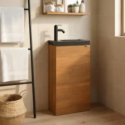 GoodHome Meuble lave-mains à poser lave-mains effet noyer l.44 cm Imandra + plan vasque noir céramique Nira,