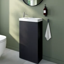 GoodHome Meuble lave-mains à poser noir mat l.44 cm Imandra + plan vasque blanc céramique Nira,
