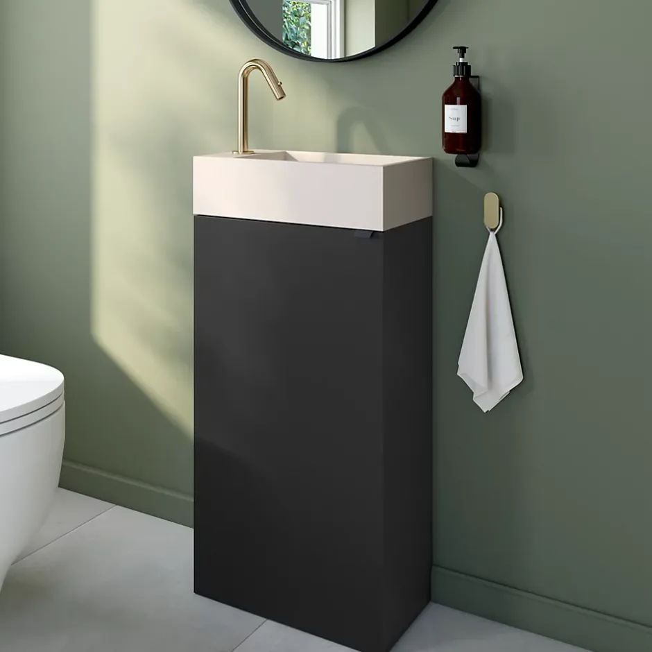 Homesight Meuble lave-mains à poser noir mat l.44 cm Imandra + plan vasque béton beige moucheté, GoodHome