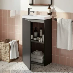 GoodHome Meuble lave-mains à poser noir mat l.44 cm Imandra + plan vasque blanc résine Beni,* Lave-Mains
