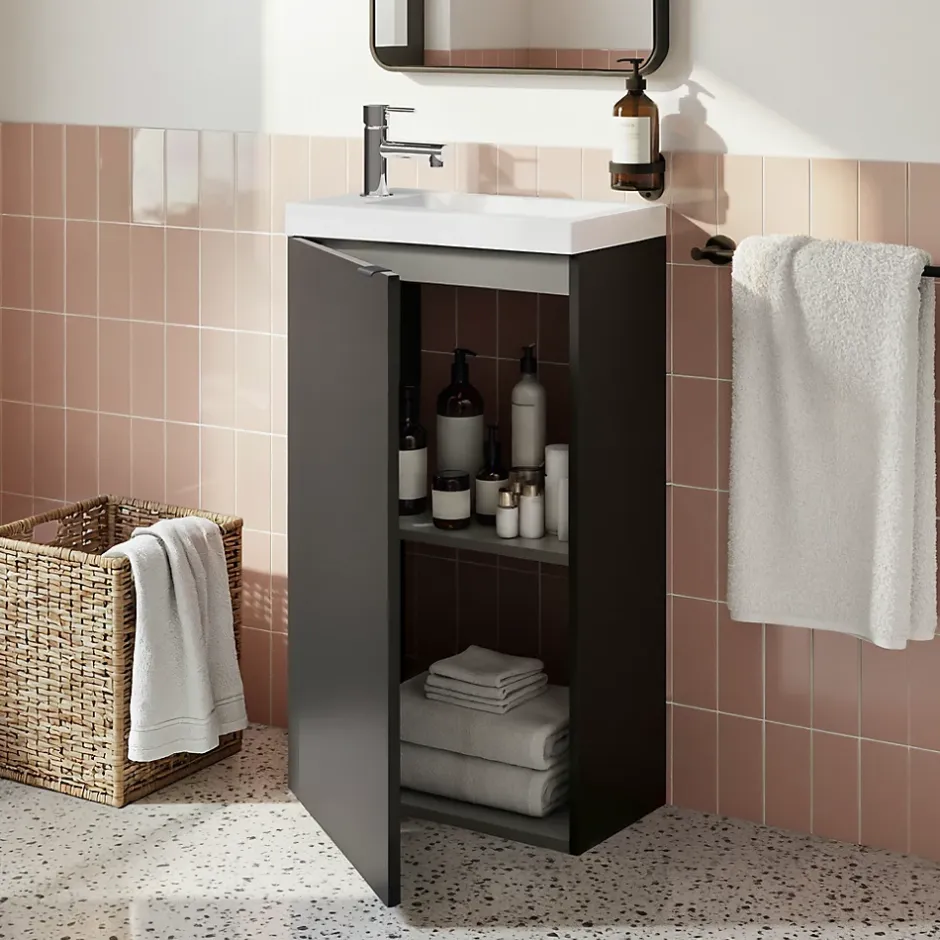 GoodHome Meuble lave-mains à poser noir mat l.44 cm Imandra + plan vasque blanc résine Beni,* Lave-Mains
