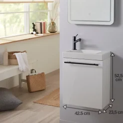 Planète Bain Meuble lave-mains blanc avec vasque en céramique, mitigeur et poignée noire