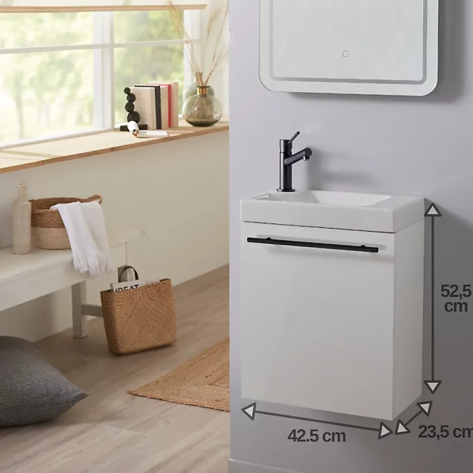 Planète Bain Meuble lave-mains blanc avec vasque en céramique, mitigeur et poignée noire