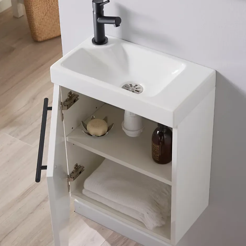Planète Bain Meuble lave-mains blanc avec vasque en céramique, mitigeur et poignée noire