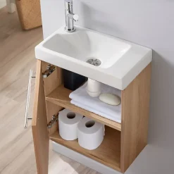 Planète Bain Meuble lave-mains complet couleur chêne Oak bordolino avec mitigeur eau chaude/eau froide* Lave-Mains