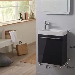 Planète Bain Meuble lave-mains complet couleur gris anthracite laqué avec mitigeur eau chaude / eau froide