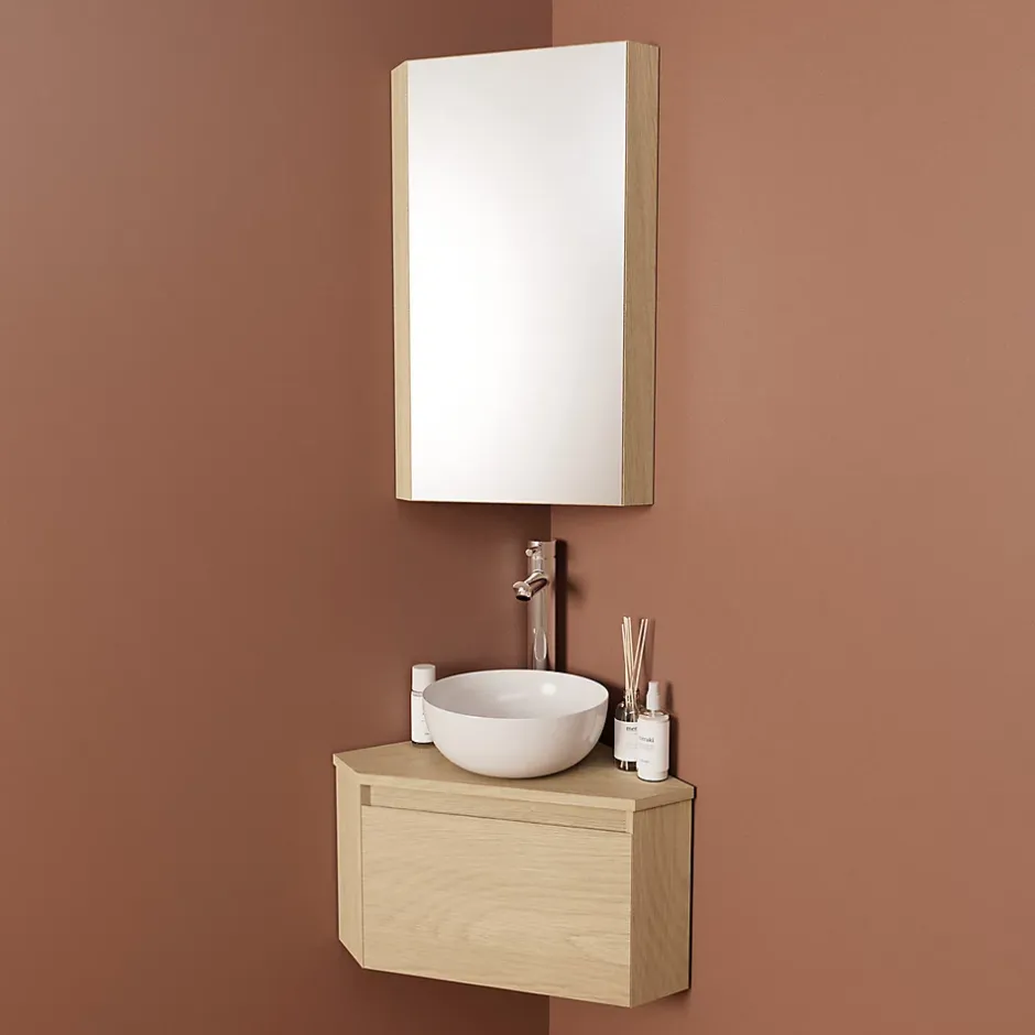 Homesight Meuble lave-mains d'angle à suspendre l.36,5 x H.28 x P.36,5 cm, effet bois, Noma* Lave-Mains