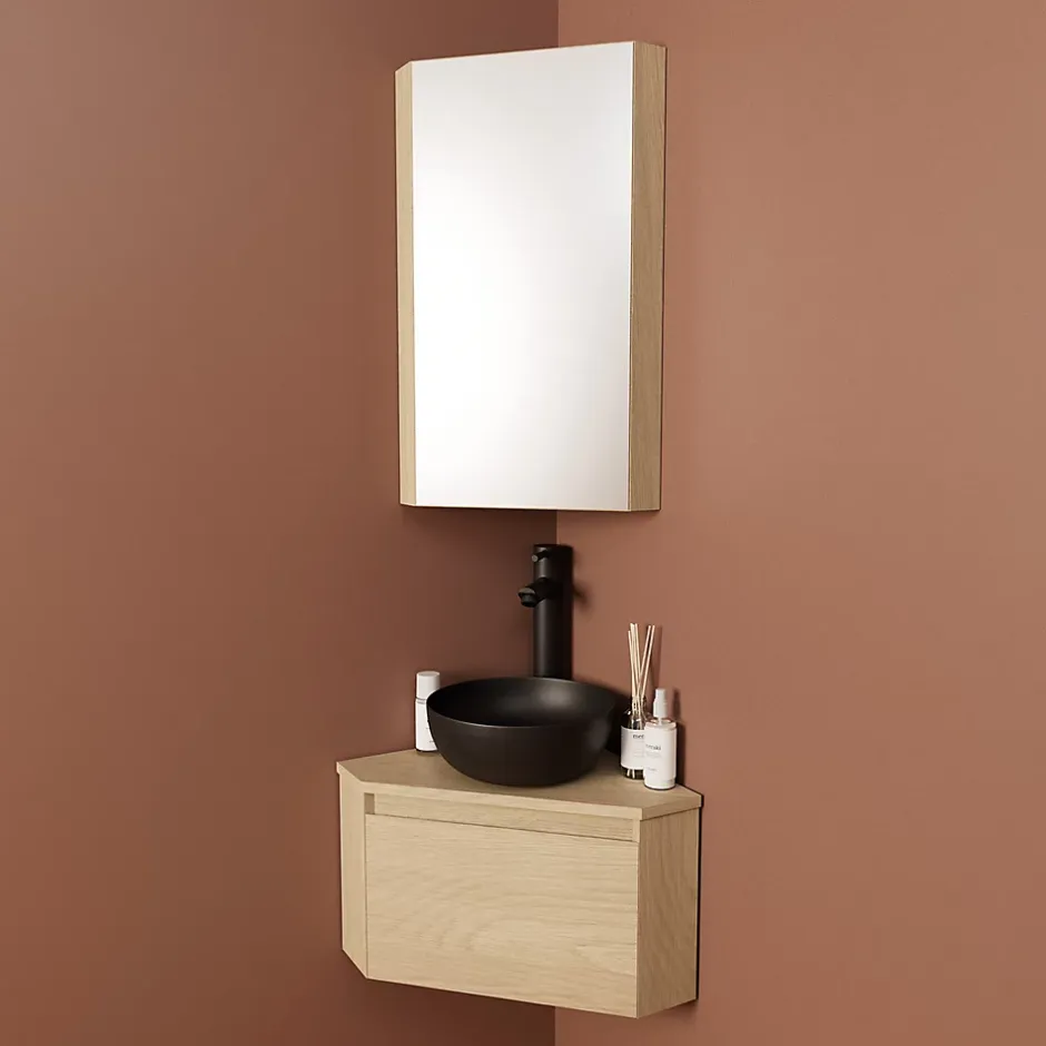 Homesight Meuble lave-mains d'angle à suspendre l.36,5 x H.28 x P.36,5 cm, effet bois, Noma* Lave-Mains