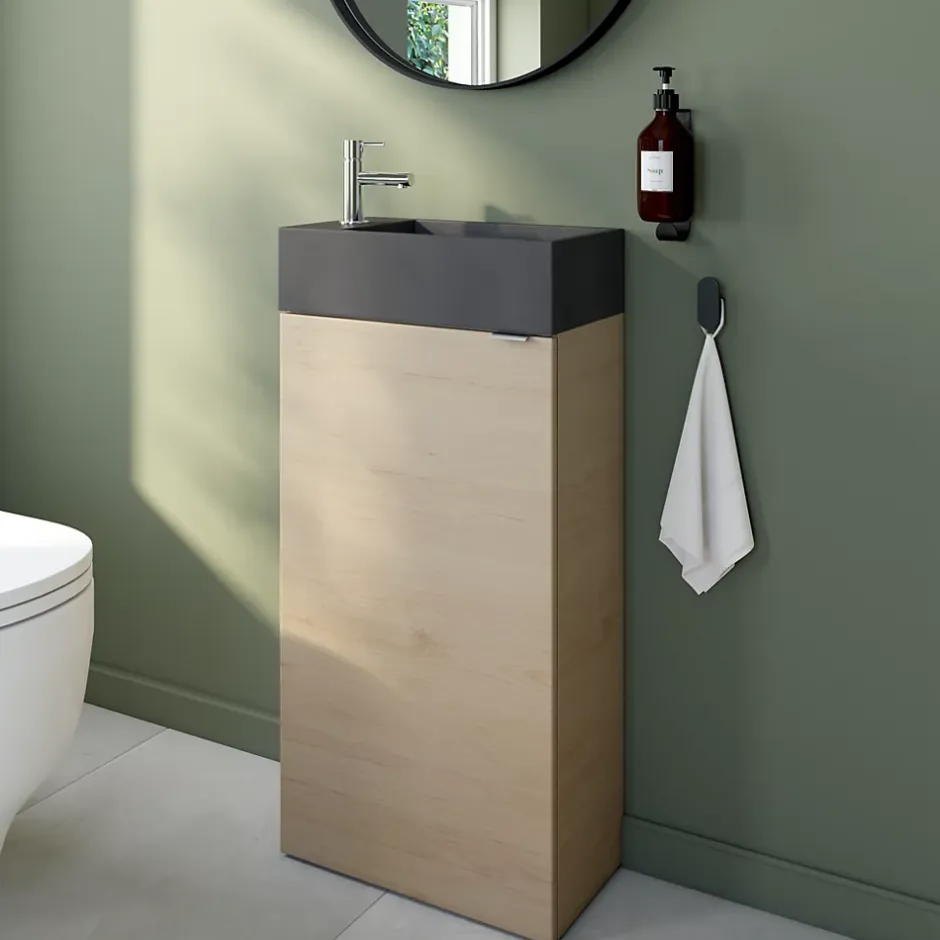 GoodHome Meuble lave-mains effet chêne l.44 cm Imandra + plan vasque béton gris,* Lave-Mains