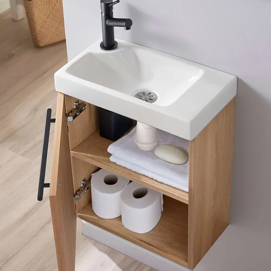 Planète Bain Meuble lave-mains finition bois oak avec mitigeur noir et poignée noire