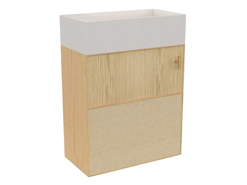 Homesight Meuble lave-mains Java effet chêne clair et jute l.44 cm + plan vasque lave-mains béton moucheté