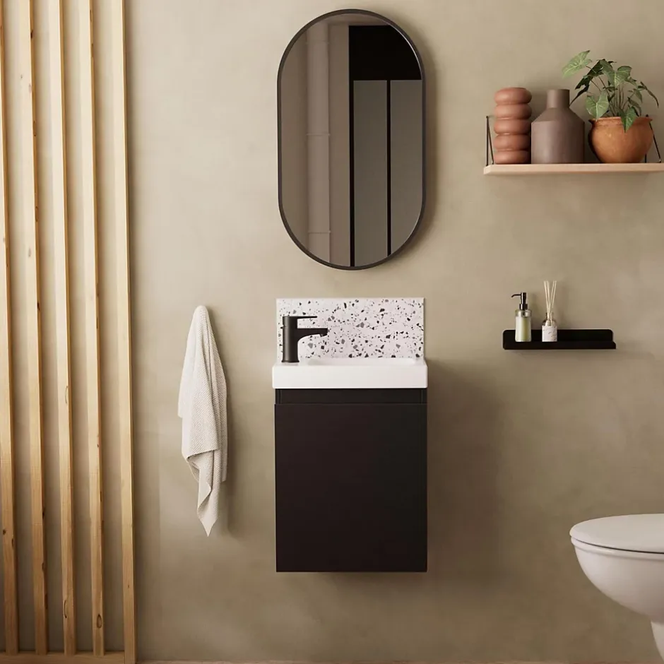 Mob-In Meuble lave-mains LISA + robinet noir + miroir ovale* Lave-Mains